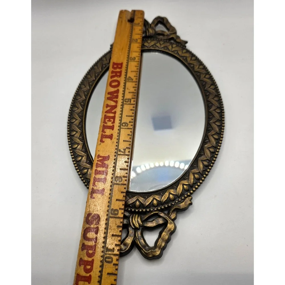 Vintage Style Oval Bronze Wall Mirror Ornate Bow Detail Hollywood Regency 10.5